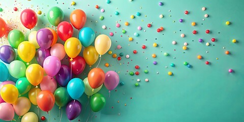 A vibrant cluster of colorful balloons floats against a teal backdrop, adorned with scattered confetti and small balls.