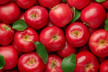 Vibrant Red Apples with Green Leaves in Abundant Harvest Background