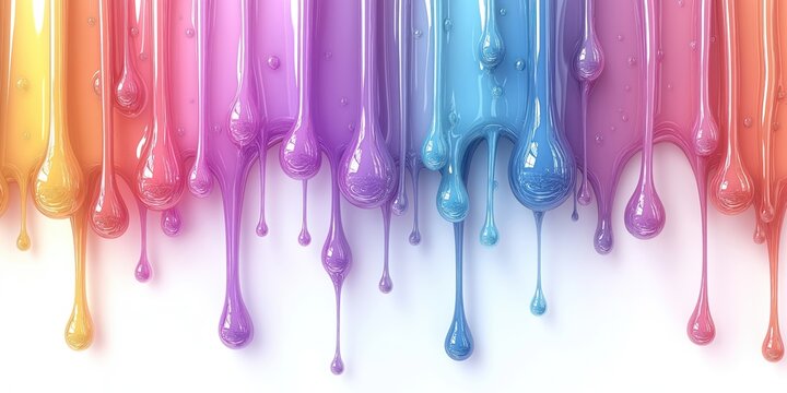 Abstract illustration shows multiple transparent slime drops dripping downward. Colorful rainbow gradient liquid flows layer by layer over white background. Visually dynamic, vibrant. 3D rendering