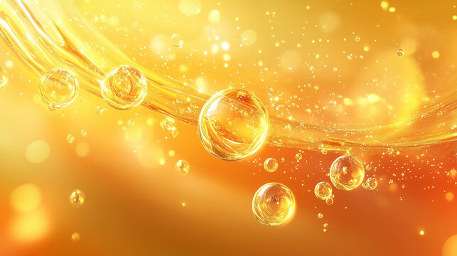 golden bubbles on yellow orange water, soft and smooth abstract background for cosmetics and skincare
