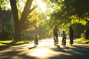 Children riding bicycles through a peaceful neighborhood on a sunny day.