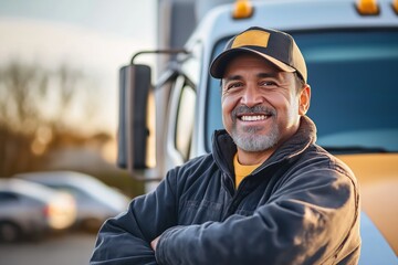 Obraz premium Smiling mature man stands near truck. Confident worker in work clothes poses outdoors. Man looks happy, satisfied. Possible scenario transportation worker enjoying day off preparing for work. Good