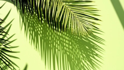Obraz premium Vibrant Green Palm Leaves against Soft Yellow Background, Perfect for Tropical Themed Wallpapers and Decor