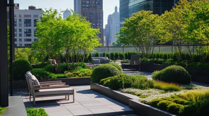 A serene shot of a landscape architect designing a rooftop garden with sustainable features for an office complex, Rooftop garden design scene, Green architecture style