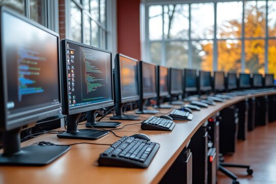 Organized computer lab with many workstations. Modern tech equipment. Educational setting. Displays code on screens. Inside building. Plenty of monitors, keyboards aligned on table. Study environment. - Powered by Adobe