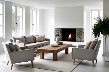Modern minimalist living room with fireplace, sofa, armchairs, and wooden coffee table.