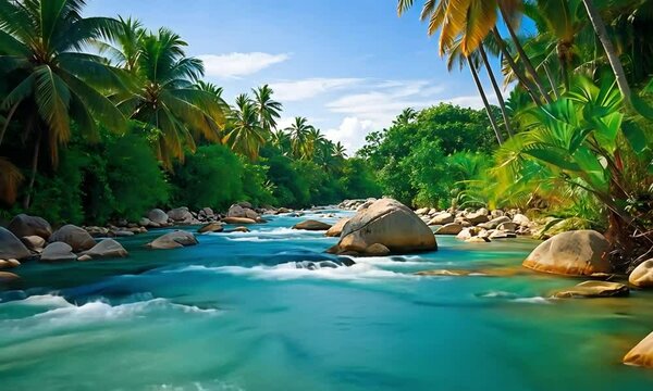 Lush Tropical River Through Green Jungle