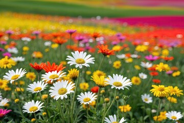 Fototapeta premium Vibrant Spring Landscape Featuring Colorful Daisies in a Blooming Meadow
