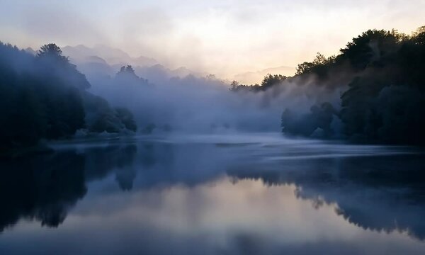 Misty Morning Over Serene River Scene