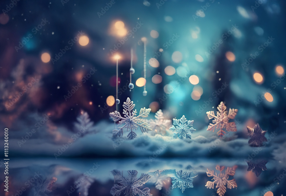 Poster a cluster of delicate snowflakes rest on a bed of fresh snow with a bokeh background of warm lights 
