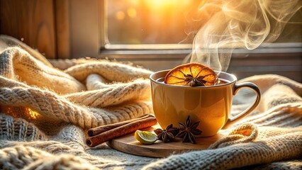 Warm beverage in a mug with spices and citrus, nestled in a cozy knit textile, sunlit