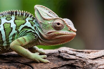 Obraz premium Exotic Chameleon Closeup Reveals Unique Shades and Features of This Wildlife Reptile