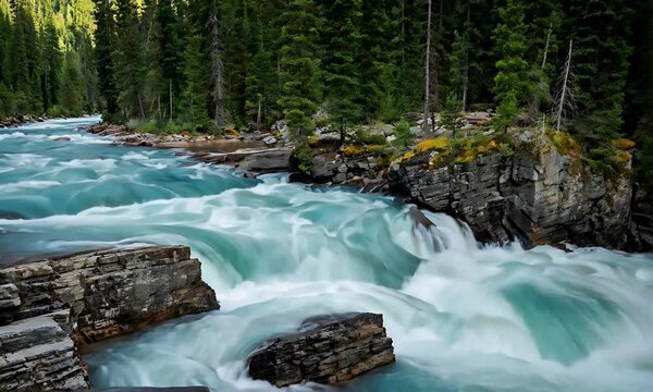 Rapid River Flowing Through Pine Forest