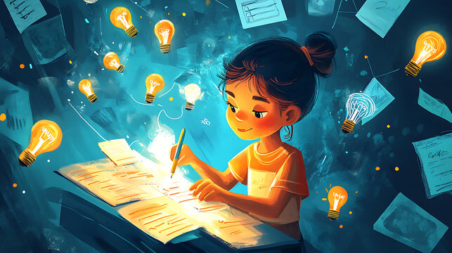 Illustration of a child setting academic goals on a checklist, surrounded by educational icons like lightbulbs and certificates 