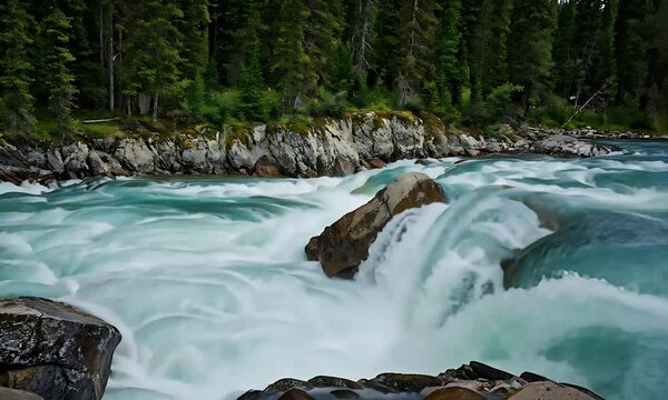 Rushing River Under Tall Pine Trees