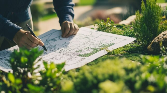 A serene view of a landscape architect sketching plans for a botanical garden renovation, Botanical garden design scene, Natural and harmonious style