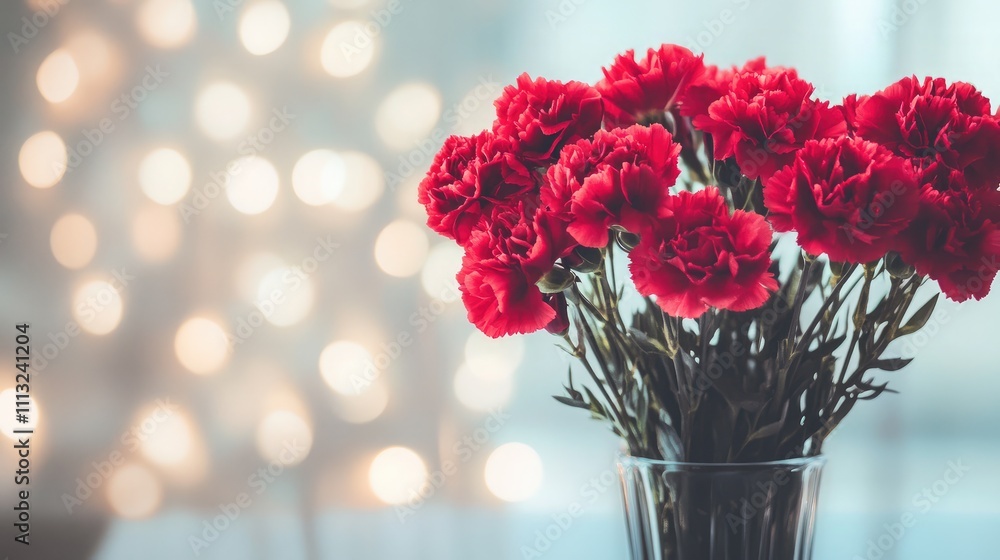 Aufkleber bright red carnations in a glass vase with soft bokeh background creating an elegant and cheerful at