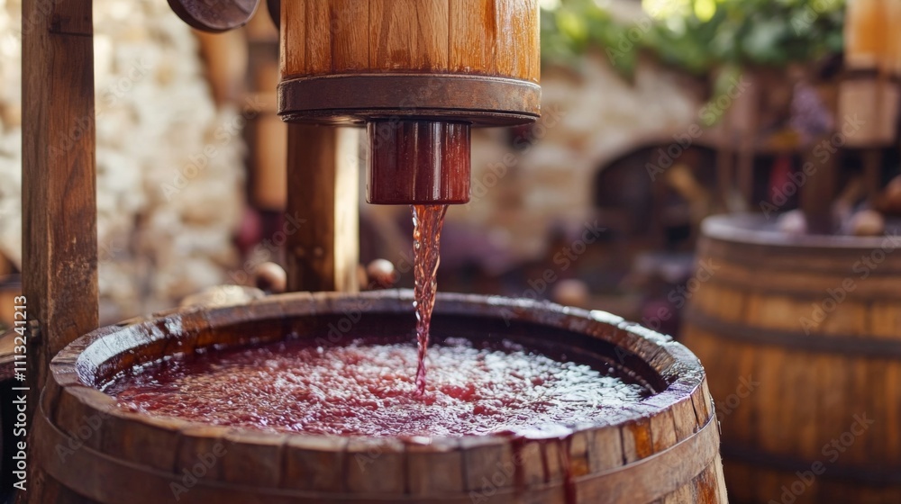 Aufkleber a wooden wine press extracts juice from grapes in a rustic vineyard.