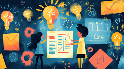 Illustration of a child setting academic goals on a checklist, surrounded by educational icons like lightbulbs and certificates 