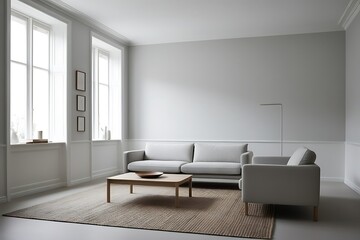 Minimalist living room with light grey sofa, coffee table, and rug.