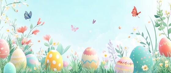 Design a cheerful copy space background for Easter, featuring pastel colors, decorated eggs, and whimsical spring flowers, creating a bright and festive canvas perfect for holiday greetings 