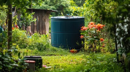 Obraz premium Green Water Barrel Surrounded by Lush Garden and Colorful Flowers