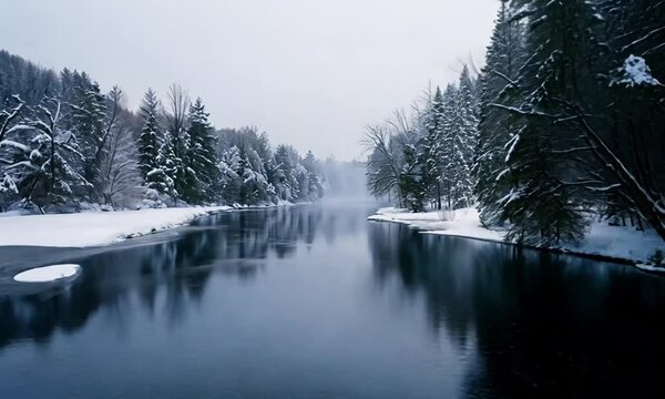 Soft Gray Light Over Snow-Covered River