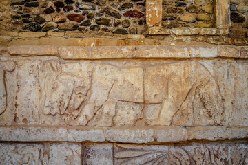 Pre-Hispanic stone engravings with animal figures in the archaeological zone of the pyramids of the Atlanteans, in Tula Hidalgo