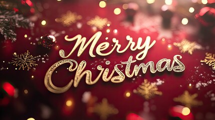 Merry Christmas presented in elegant gold script on a rich red background, surrounded by delicate snowflakes and twinkling lights.