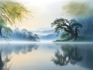 Serene Misty Lake Landscape With Trees Reflecting