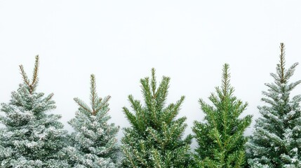 A row of Christmas trees, some frosted, against a light background.