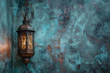 Hanging ramadhan lantern with candle in front of glowing lights. Suitable for festive decorations or background with ambient lighting concepts in design projects