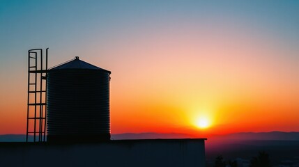 Industrial Water Tank Silhouette Against Vibrant Sunset Sky
