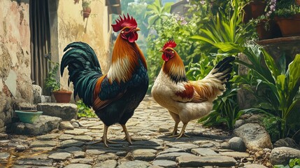 Two Colorful Roosters Walking Along a Cobblestone Pathway