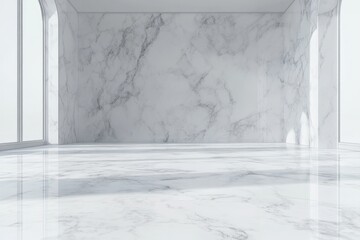 White Marble Studio Background with Glossy Floor and Natural Light for Elegant Display