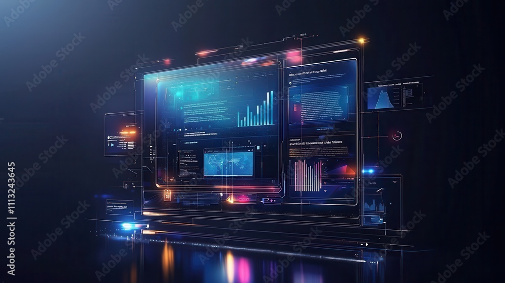 Poster detailed digital product mockup concept with data visualization and futuristic interface