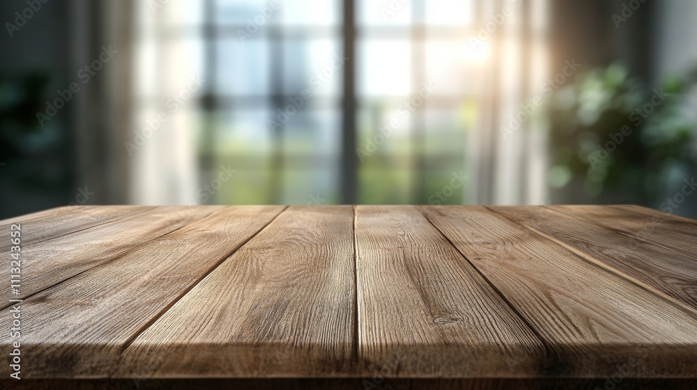 Poster empty wooden table top display with soft natural light background