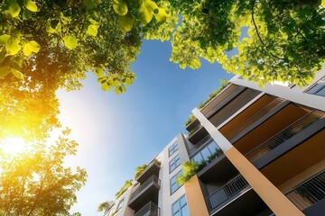 Modern apartment building surrounded by lush greenery and blue sky