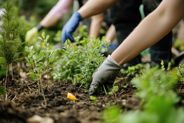 Fototapeta premium Hands gardening in soil, planting and nurturing various green plants.