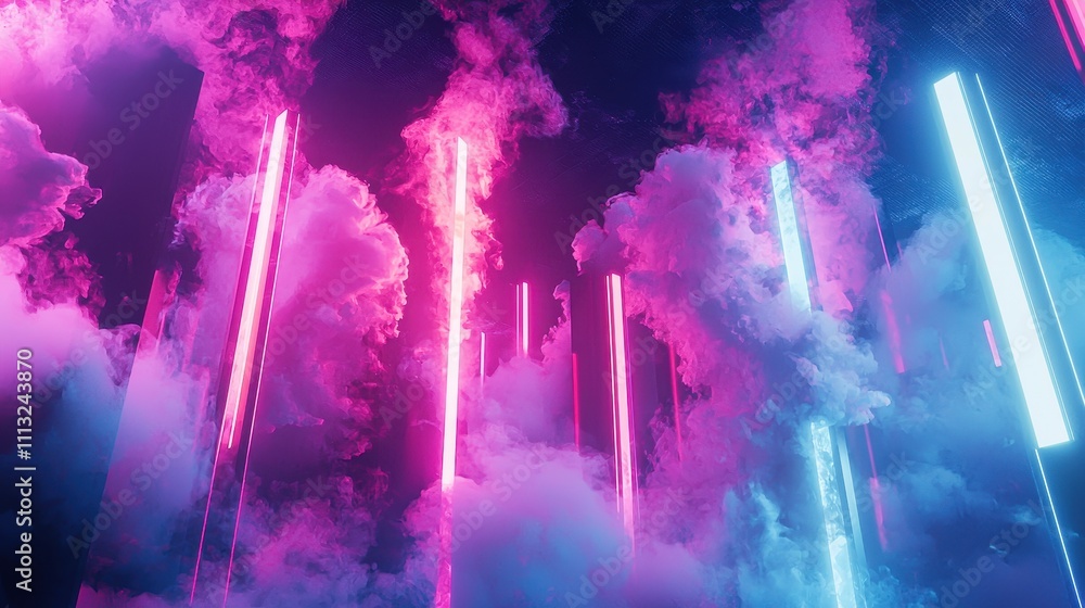 Poster futuristic neon landscape with glowing columns and colorful clouds in an abstract setting
