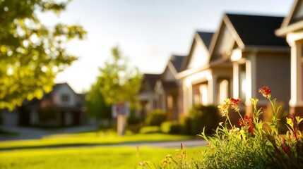 peaceful suburban neighborhood with blooming flowers and houses