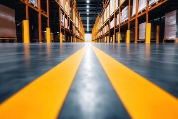 spacious warehouse interior with yellow safety lines on floor
