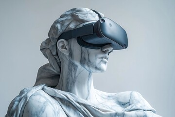 Marble statue wears VR headset. Ancient art meets modern tech. Innovative concept for metaverse design. Suitable for tech art banners. Digital art meets classic sculpture. Futuristic vision of future