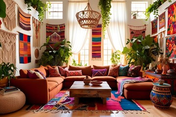 Sunlit living room with sectional sofa, colorful rugs, tapestries, and plants.