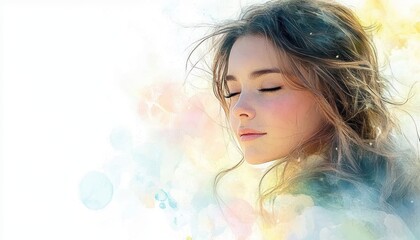 Smiling Woman in Soft Pastel Watercolor Portrait Ethereal Light Flowing Hair