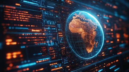 A digital representation of Africa with glowing data streams and a futuristic interface.