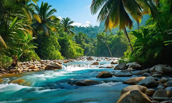 Sunlit Tropical River Through Dense Trees