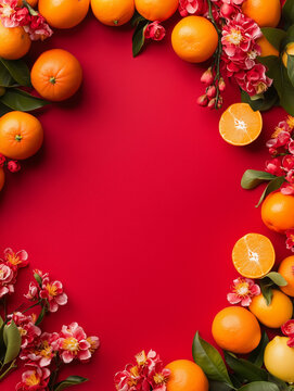 Chinese lunar new year banner poster in auspicious red with tangerines and plum blossoms. Copy space