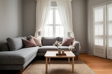 Fototapeta premium Cozy living room with gray sectional sofa, wooden coffee table, neutral decor, and natural light.