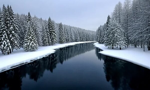 Tranquil Snowy Banks Along River Edge